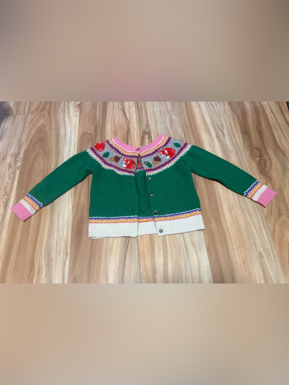 Mini Boden Pink-Trimmed Green Fair Isle Cardigan with Fox Motif